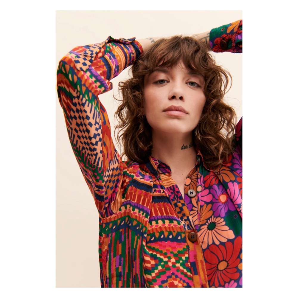 NWOT FARM Rio Multicolor Patchwork Floral Button-Up Top - Picture 3 of 6